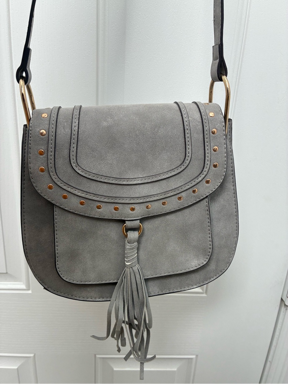 Grey Tassel Crossbody Bag with Stud Accents